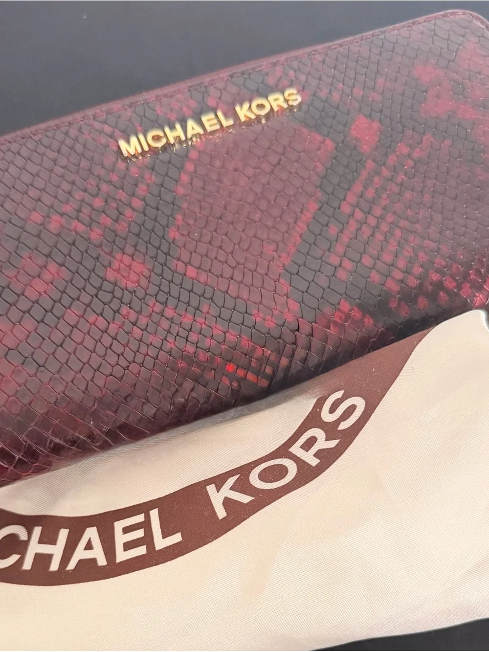 Well loved Michael Kors Burgundy Leather Tote with Snake-Print Wallet